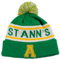 CUSTOM MAKE ROLL-UP OR LONGLINE ACRYLIC BEANIES. YES WE WILL HELP 
								YOU DESIGN AND CHOOSE COLOURS, SIMPLY EMAIL US YOUR LOGO/ARTWORK. COLOUR: GREEN/YELLOW/WHITE with PEPPER & SALT POM POM TYPE DESIGNED FOR ST ANN'S COLLEGE SOUTH AUSTRALIA