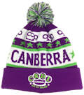 CANBERRA VICE CITY ROLLERS ROLLER DERBY LEAGUE PURPLE LIME GREEN STAR AND SHAPES KNITTED IN CUSTOM MAKE ROLL-UP OR LONGLINE ACRYLIC BEANIES. YES WE WILL HELP YOU DESIGN AND CHOOSE COLOURS, SIMPLY EMAIL US YOUR LOGO/ARTWORK. COLOUR: PURPLE/LIME/WHITE with POM POM TYPE