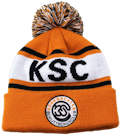 KSC SPORTS CLUB SWITZERLAND CUSTOM MAKE ROLL-UP WITH POM POM OR LONGLINE ACRYLIC BEANIES. YES WE WILL HELP 
								YOU DESIGN AND CHOOSE COLOURS, SIMPLY EMAIL US YOUR LOGO/ARTWORK. COLOUR: ORANGE/WHITE/BLACK with PEPPER & SALT POM POM TYPE