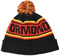 CUSTOM MAKE ROLL-UP OR LONGLINE ACRYLIC BEANIES. YES WE WILL HELP 
								YOU DESIGN AND CHOOSE COLOURS, SIMPLY SEND US YOUR LOGO/ARTWORK. THIS ONE WE DESIGNED & MANUFACTURED FOR ORMOND COLLEGE. COLOUR: 
								BLACK/RED/YELLOW with PEPPER & SALT POM POM TYPE
