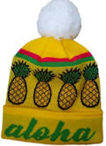 TROPICAL GOLD PINEAPPLE CUSTOM MAKE ROLL-UP OR LONGLINE ACRYLIC BEANIES. YES WE WILL HELP YOU DESIGN AND CHOOSE COLOURS, SIMPLY EMAIL US YOUR LOGO/ARTWORK. COLOUR: GOLD/GREEN/RED WHITE with POM POM TYPE