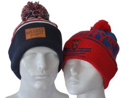 CUSTOM MAKE ROLL-UP BEANIE WITH POM POM. WE CAN DYE THE YARN TO ANY PMS COLOUR,KNIT IN YOUR TEXT, ANY COLOUR POM POM & EMBROIDER/DECORATE WITH YOUR VERY OWN LOGO