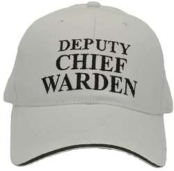 HEAVY BRUSHED COTTON BASEBALL DEPUTY CHIEF WARDEN CAP. WHITE/BLACK TEXT WITH HI VIS SILVER SANDWICH PEAK & REAR VELCRO TAB.