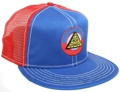 CUSTOM MAKE ACRYLIC FLATBRIM CAP ROYAL-RED WITH CONTRAST STITCHING WITH EMBROIDERED BADGE
