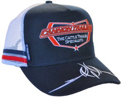 SNAPBACK TRUCKER HAT WE HAVE CUSTOMIZED FOR CANNON TRAILERS WITH PINSTRIPE EMBROIDERY ON THE PEAK AND THE PHONE NUMBER ON THE TAB