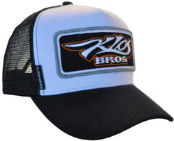 SNAPBACK TRUCKER HAT WE HAVE CUSTOMIZED FOR KLOS BROS CUSTOM TRUCKS WITH THE BIG CHUNKY SEW-ON BADGE AND WEB ADDRESS ON THE SIDE TAB